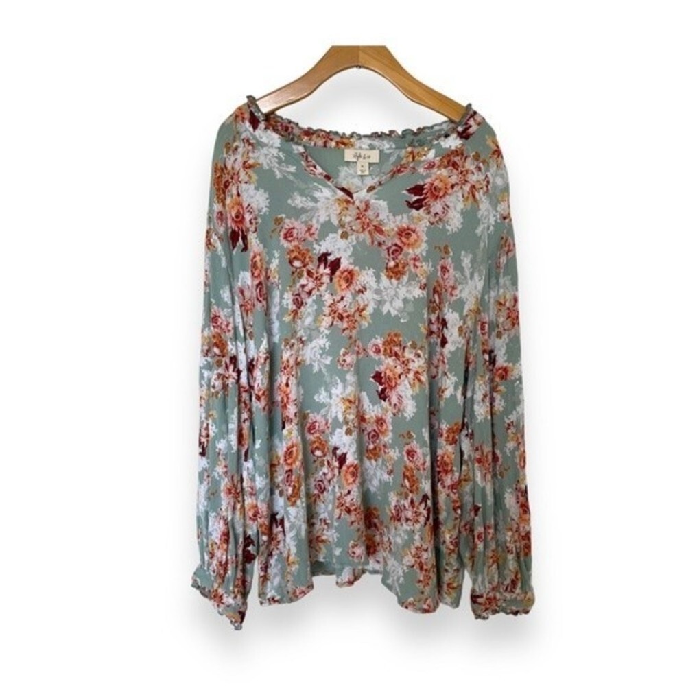 Style & Co - V-neck Ruffle Top Green & Rust Floral Print, XL - Picture 2 of 11